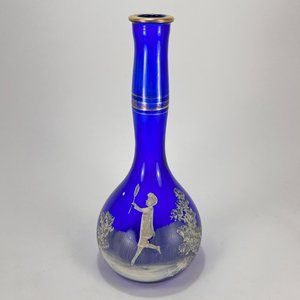 Victorian Mary Gregory Barber Bottle Vase Blue White Enameled Painting 1900's